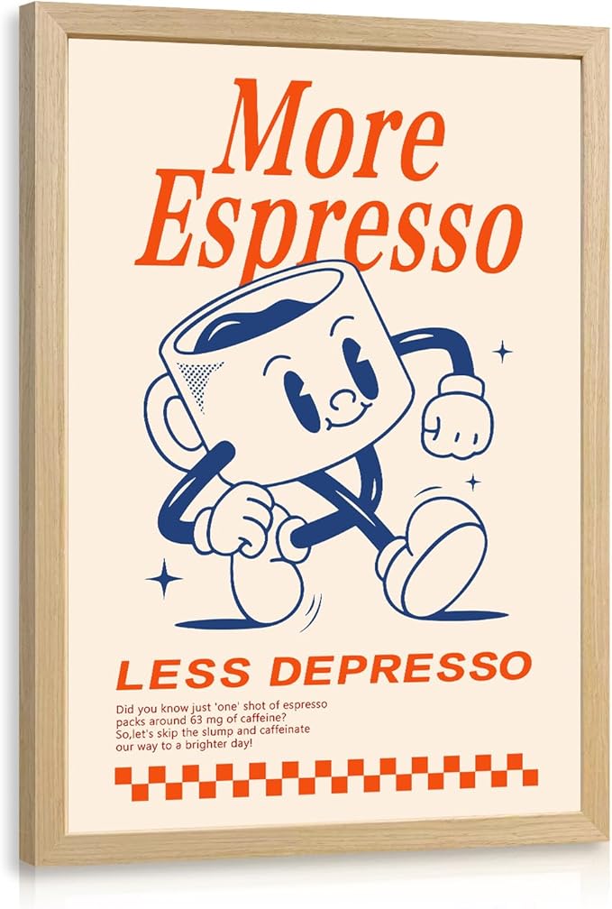 Cyebmo Funny Coffee Wall Art, Vintage Cafe Kitchen Wall Decor, More Espresso Less Depresso Art Prints, Beige Dorm Poster Print for Home Office Coffee Bar Kitchen Wood Framed Ready to Hang 8x10 Inch