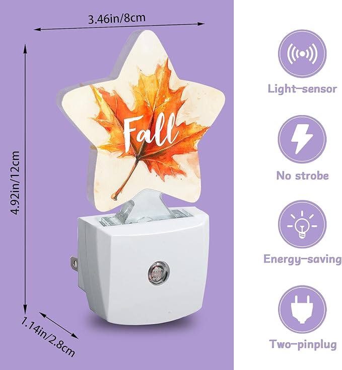 Nightlight,Maple Leaf Decorative Night Lights Plug Into Wall,Watercolor Orange Night Light with Auto Sensor for Bedroom,Nursery,Hallway,Stairway,Gifts