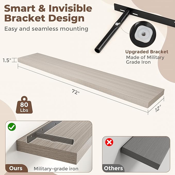 Fun Memories 72 Inch Floating Shelves, 12 Inch Deep Wall Shelf for Fireplace Mantel, Large Display Shelf & Storage Shelf, Wood Floating Wall Shelves for Home & Office, Grey, Set of 1