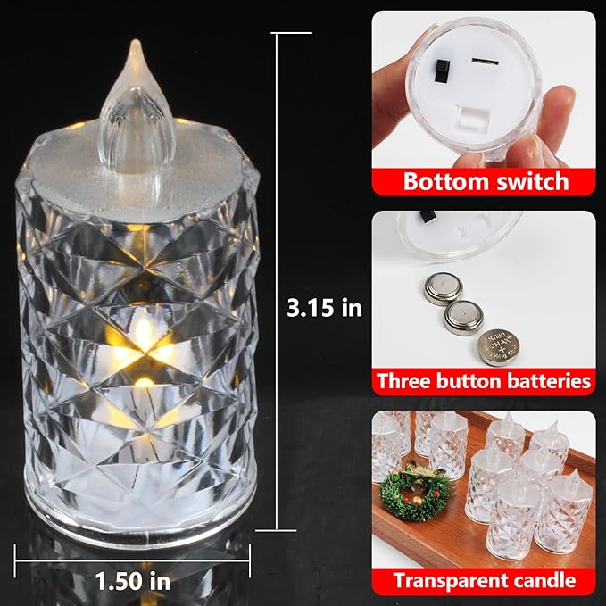 12 Pack Flameless Candles, Battery Operated, Realistic Crystal Type LED Lights for Safe for Mother's Day, Father's Day, BBQs, Outdoor & Family Gatherings