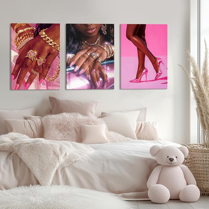 Pink Fashion Black Girl Canvas Wall Art Set of 3 African American Black Woman Posters Wall Decor Fashion Black Woman Pictures Prints for Living Room Bedroom Artwork Home Decoration 12x16Inch Framed