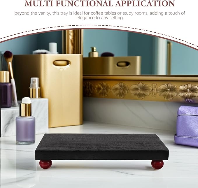 Wooden Vanity Tray for Dressing Table Medium Black Rectangular Perfume Organizer and Makeup Storage Tray for Bedroom Countertop Decor