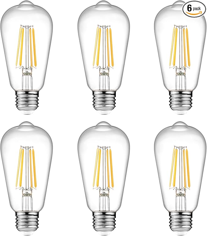 Ascher Vintage LED Edison Bulbs 6W, Equivalent 60W Incandescent, Non-Dimmable, Warm White 2700K, ST58 Antique LED Filament Bulbs with 80+ CRI, E26 Medium Base, Clear Glass, 6-Packs