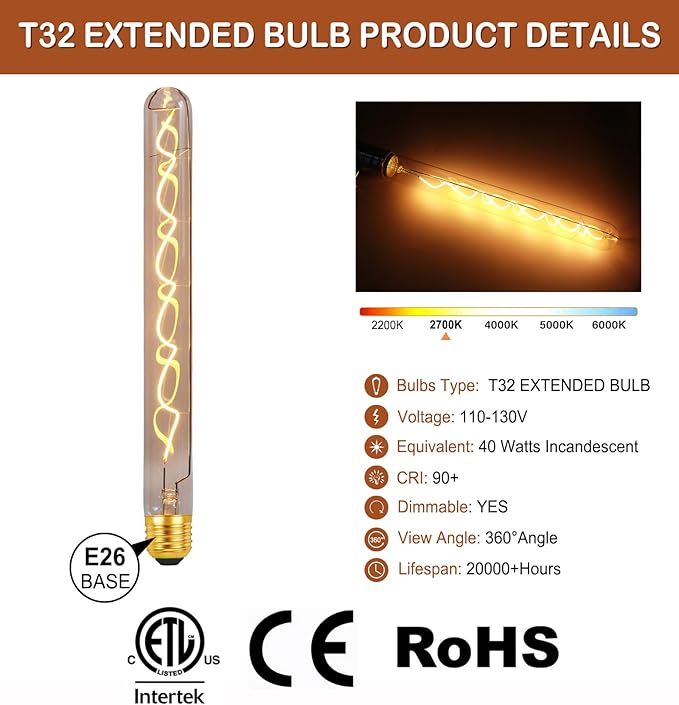 40 Watt Decorative Vintage LED Light Bulbs, Clear T32 Extended Bubble 4W LED Filament Edison Bulb,2700K Oversized Warm Lights,Dimmable E26 Lamp Base,1-Pack