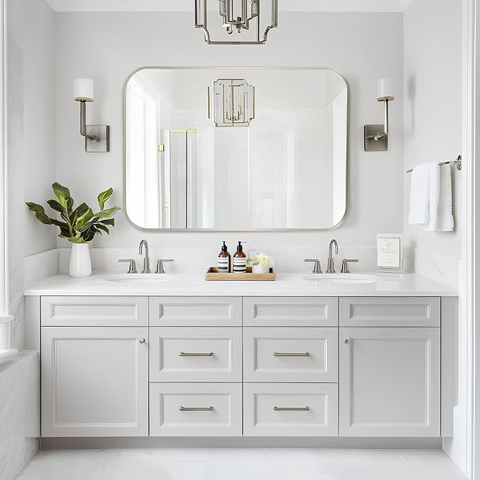 MZON 20x30Inch Brushed Nickel Bathroom Mirror, Rectangle Wall Mounted Mirror for Bathroom or Dresser, Anti-Rust Frame & Tempered Glass, Hangs Horizontally/Vertically - Space-Saving Modern Decor