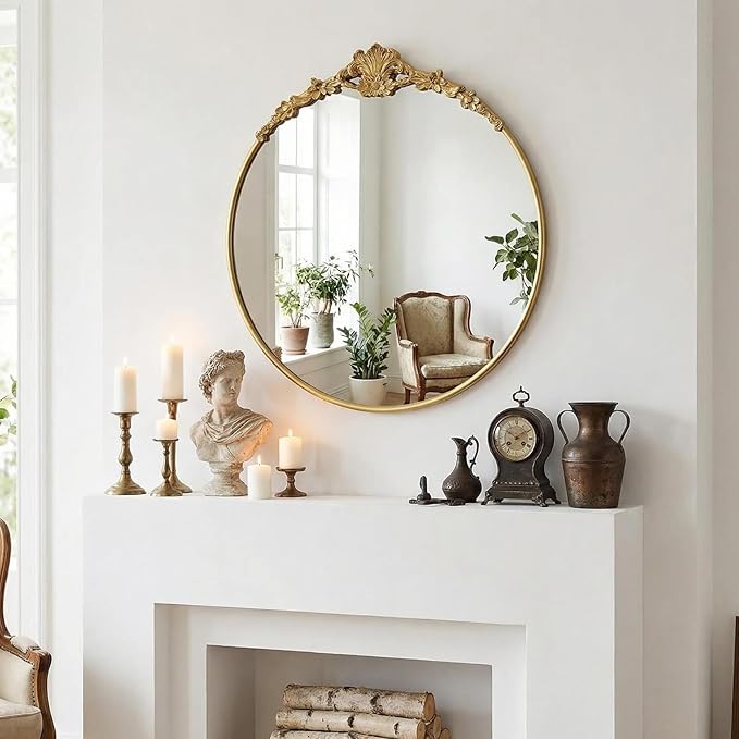 Vintage Baroque Round Wall Mirror 24" Circle Gold Mirror for Bathroom Antique Ornate Carved Frame Accent Mirror for Living Room Bedroom Entryway Vanity