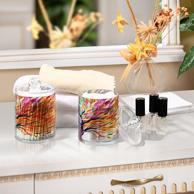 4 Pack Qtip Holder Dispenser Rainbow Life Of Tree Plant Cotton Ball Swab Round Pads Floss Clear Bathroom Storage Containers Plastic Apothecary Jars with Lids