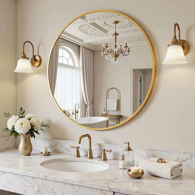 Antok 20 Inch Round Mirror for Wall, Round Bathroom Mirror, Circle Wall Mirrors with Gold Metal Frame, Circle Mirrors Suitable for Wall, Bathroom, Vanity, Living Room, Entryway