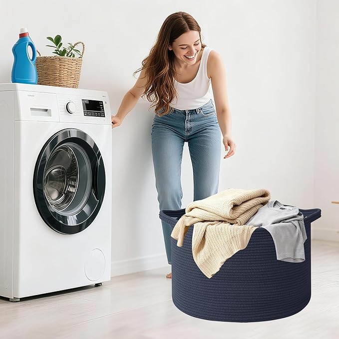 90L Large Blanket Basket,21.7"L x 21.7"W x 13.8"H Rope Woven Baskets with Handles, Toys Storage Bins,Laundry Basket Perfect for Living Room, Nursery,Bedroom,Home Organization,Dark Blue