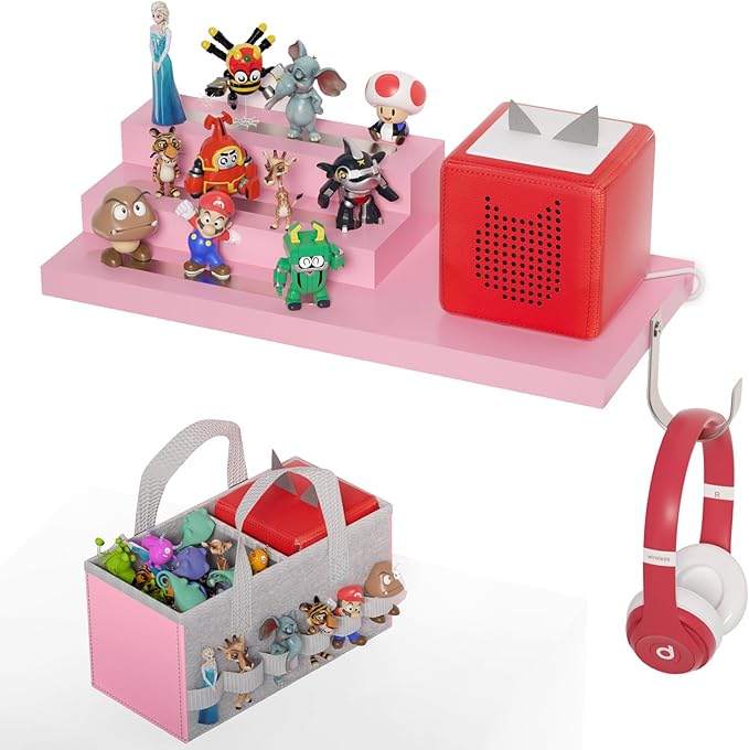for Tonie Shelf Magnetic - Wooden Tonies Organizer with Carrying Bag, 3 Tiered Magnetic Display Shelf for Toniebox Holder, Wall Mount/Countertop Use Tonies Toy Storage for Kids Room/Playroom (Pink)