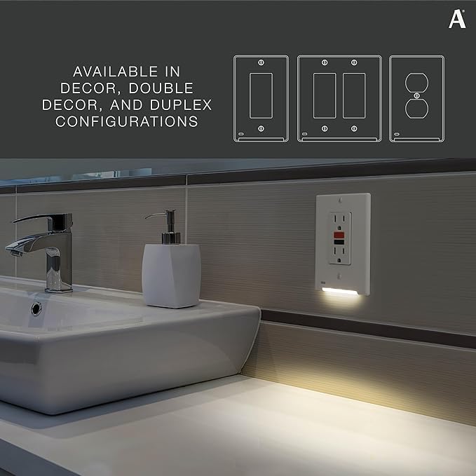 AMERELLE Universal LumiCover Wallplate with Built-In Night Light, White, Décor - Easy DIY Installation, Convenient Low-Profile Design, for GFCI Outlets and Décor Outlets & Switches