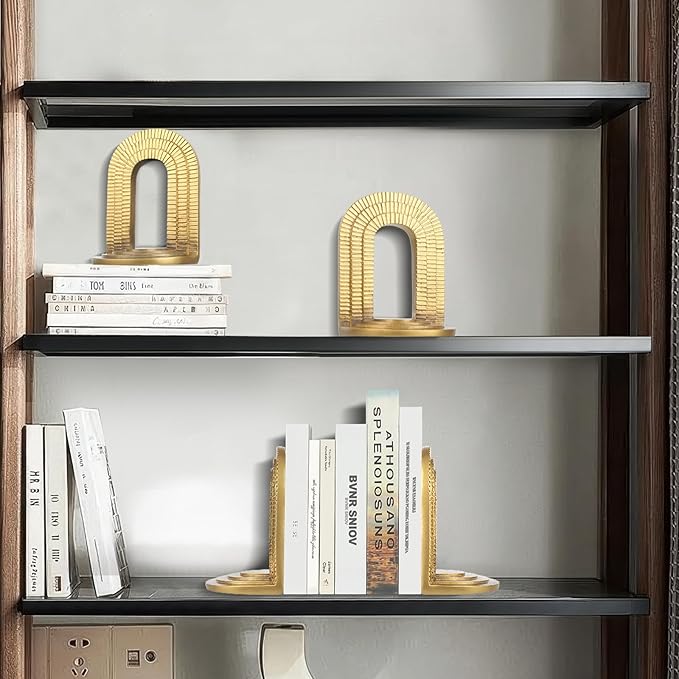 Decorative Gold Bookends for Heavy Books - Set of 2 Vintage Arch Book Ends for Shelves Non-Skid Book Stopper for Christmas Birthday Mother’s