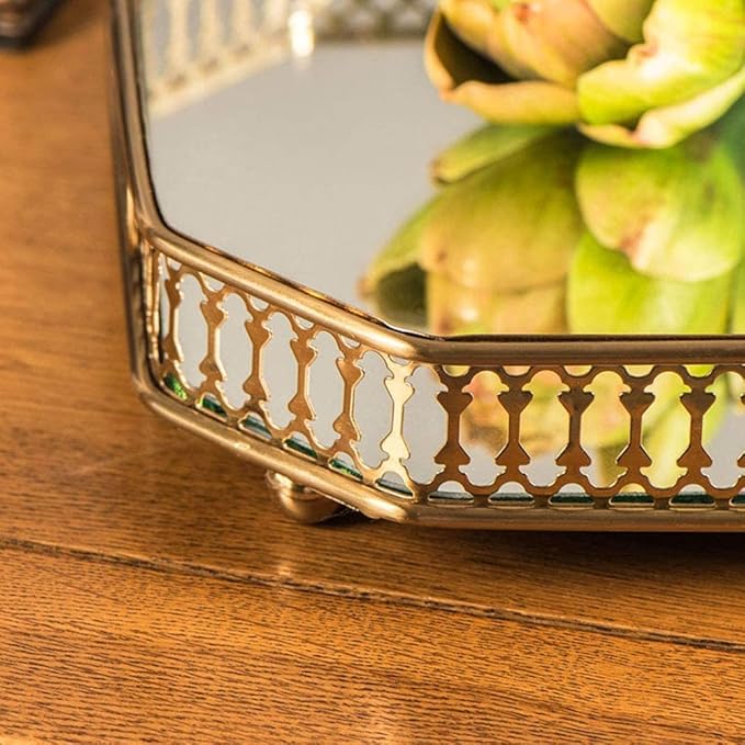 Perfume Vanity Mirror Tray - Durable Decorative Organizer for Dresser, Bedroom, Bathroom Countertops - Spacious 13.8x9.6x2.2 Inches, Scratch-Resistant - Gold