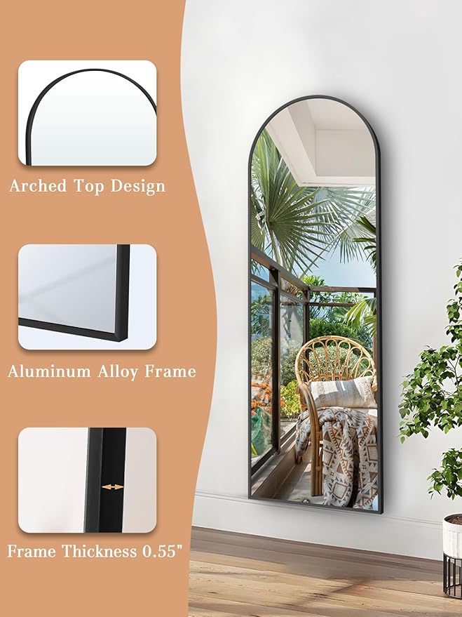 GlasFlength Arched Full Length Mirror with Stand, 57"x20" Free-Standing Leaning Wall-Mounted Mirrors, Elegant Body Mirror for Living Room, Bedroom & Cloakroom, Black
