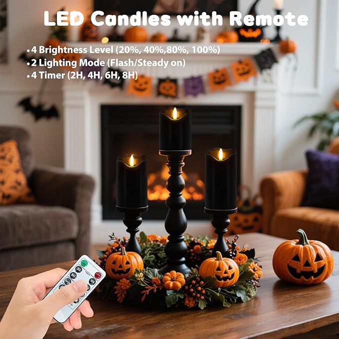 Flameless Candles Light, Set of 3 Flickering LED Candles with Remote & Timer, Dimmable Real Wax Electric Pillar Candles Battery Operated, Black Flameless Candles for Home Halloween Decor (Black)