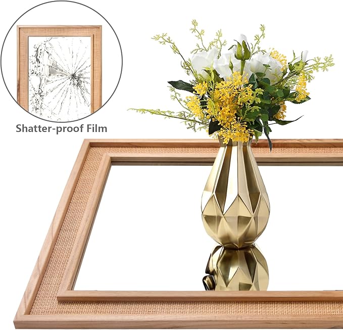 Rectangle Rattan Mirror, 20"x28" Rattan Wall Mirror, Farmhouse Wooden Vanity Mirror with Handmade Wicker Frame, Decorative Boho Mirror for Nursery Bedroom Living Room Entryway Nature