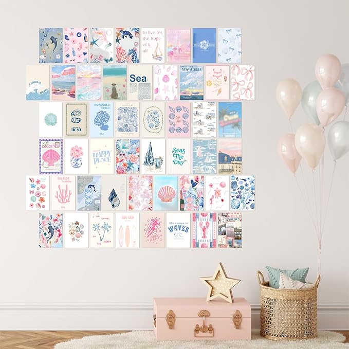 KBKBART Coastal Granddaughter Room Decor, Pink and Blue Wall Collage Kits, 50 Pcs 4x6 Inch Beachy Aesthetic Wall Art Prints Posters, Coastal Cowgirl Room Dorm Wall Decor for Teen Girls