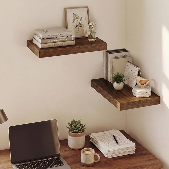 Dreamland 16 Inches Floating Shelves for Wall, 9.3" Deep Long Floating Shelves Set of 2, Large Display & Storage Shelf, Wall Shelf for Bathroom Bedroom Living Room Kitchen Office, Walnut