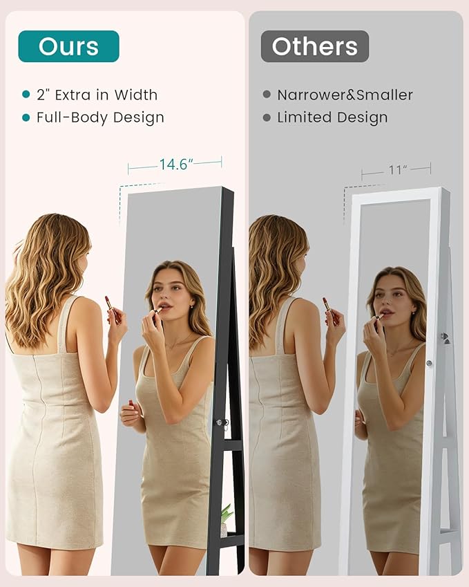 Vlsrka 360° Swivel Mirror Jewelry Cabinet with Lights, Large Jewelry Armoire Cabinet Standing, Lockable Free length Mirror with Storage, Rear Storage Shelves, Black