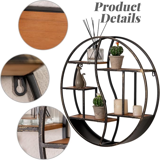 Round Wall Shelf,24 inch Metal Circle Shelf Wood Floating Shelves,Rustic Retro Wall Mounted Display Organizer Shelf for Fireplace,Living Room,Bathroom