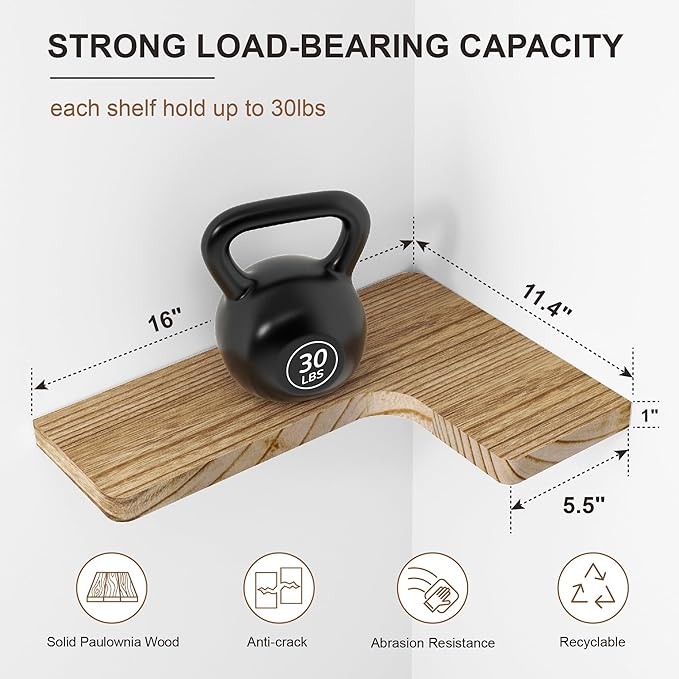 fuqing Floating Corner Shelves, Wall Shelf Set of 3, Shelves for Wall Storage, Solid Wood Shelves for Storage, Wall Mount Wooden Display Shelf for Bathroom Bedroom Kitchen Garage, Carbonized Black