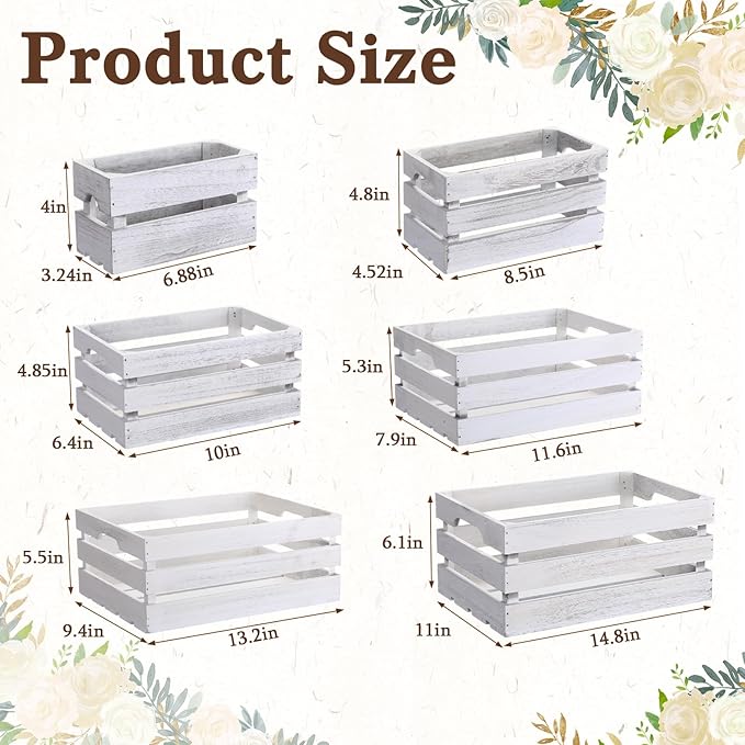 CroBlissful 6 Pcs Decorative Wood Crates for Storage Display Rustic Nesting Crates with Handle Farmhouse Wooden Storage Container Boxes for Wedding Baby Shower Birthday Party(Vintage White)