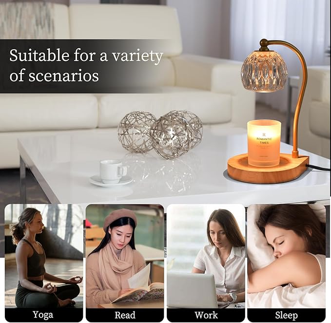 Candle Warmer Lamp,Candle lamp,Vintage Crystal Candle Wax Warmer,Heat Adjustable,Birthday Gifts for Women mom,with 2 Bulbs,Wooden Base(Transparent)