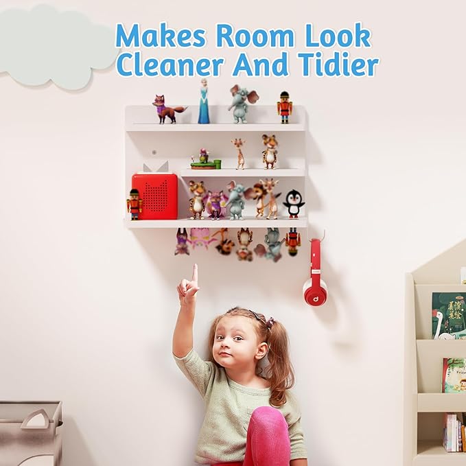for Tonies Shelf Magnetic - Tonies Figure Organizer for Kids Room, Wooden Magnetic Display Shelf for Tonies Box Holder, Wall Floating Shelves Toy Storage Compatible Charging Station (3 Tier, White)