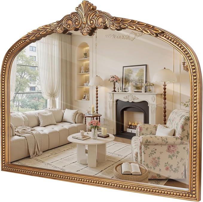 Farmhouse Wide Arched Mirror - 32x42 Inches Antique Gold Baroque Wooden Mirrors, Vintage Ornate Beaded Decorative Mirror for Living Room, Mantel