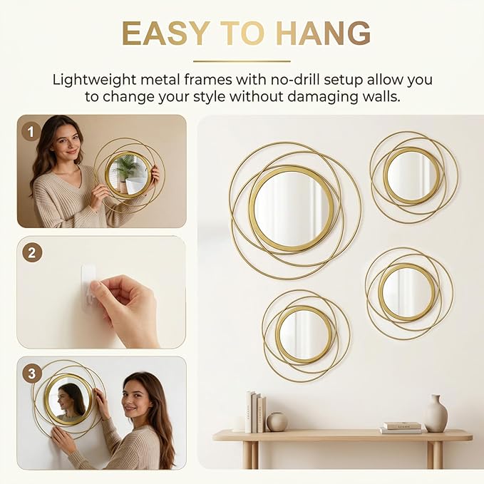 4 Piece Gold Round Wall Mirror Set Modern Metal Circle Home Decor for Living Room Bedroom Entryway 11/9 Inch Decorative Mirrors Minimalist Wall Art for Home
