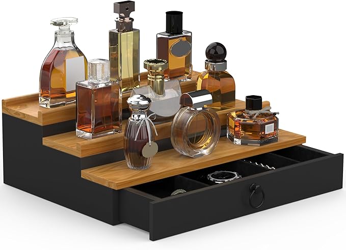 upcessory Cologne Organizer for Men, 3 Tier Wood Perfume Organizer with Felt Lining Drawer and Hidden Compartment Perfume Display Holder, A gift for men