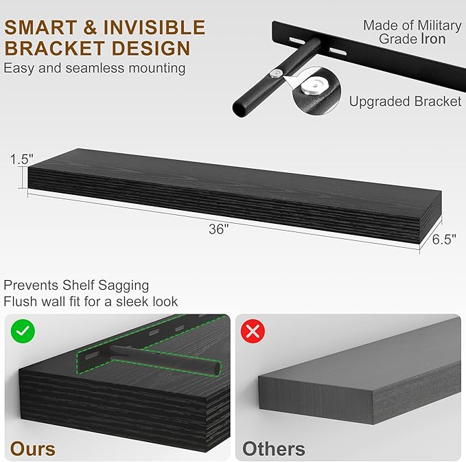 Fun Memories Floating Shelves for Wall, 36Inch Floating Shelves Set of 2, Hanging Shelf with Invisible Brackets, Bathroom Shelves for Living Room, Bedroom, Kitchen- Black