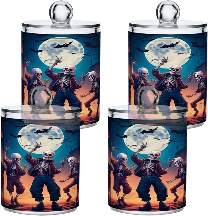 Nander 4Pack Halloween Fun Skeleton Qtip Holder Dispenser -Clear Plastic Apothecary Jars Set - Restroom Bathroom Makeup Organizers Containers for Cotton Swab, Ball, Pads, Floss