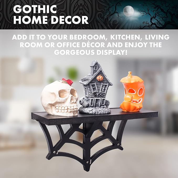 Spider Web Floating Shelf - Gothic Halloween Hanging Shelf with Hooks for Wall Oddities and Curiosities - Black Spooky Goth Wall Decor for Kitchen and Home - Crystal Display Shelf for Stones