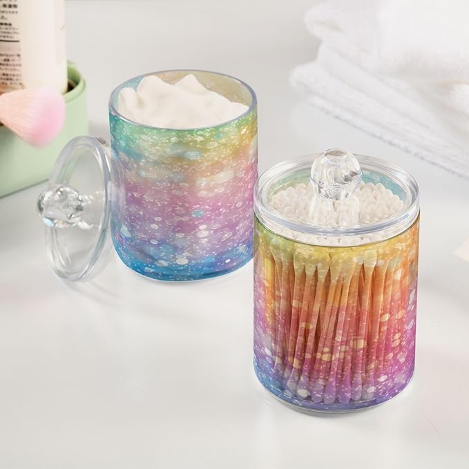 Nander 4Pack Sparkling Rainbow Background Qtip Holder Dispenser -Clear Plastic Apothecary Jars Set - Restroom Bathroom Makeup Organizers Containers for Cotton Swab, Ball, Pads, Floss