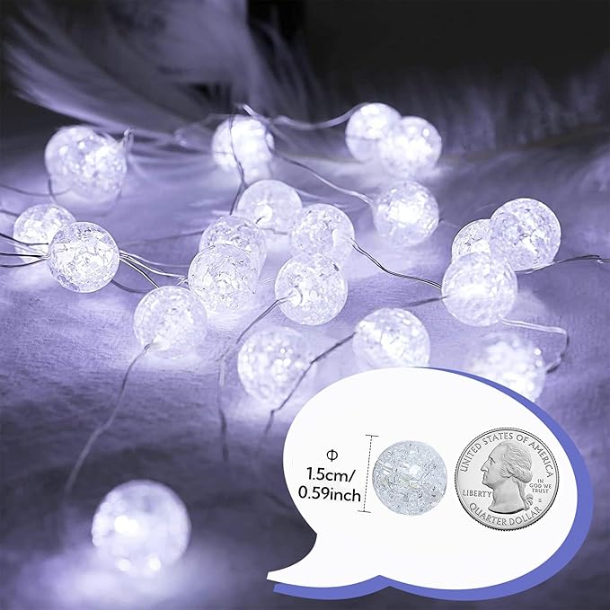 Upgrade Globe String Lights,10FT 30 LED USB Fairy Lights,8 Modes Crystal Crackle Ball Lights,Waterproof Decorative Christmas Lights for Indoor,Outdoor,Bedroom,Classroom,Wedding,Party,White
