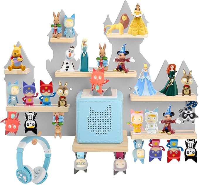 for Toniebox 2 and Toniebox 1 Tonie Shelf Wall Mounted Set,Tonies Figures Tonies Storage,Magnetic Wooden Floating Shelves Compatible with Tonie box Player Character for Children Room (grey-castles)