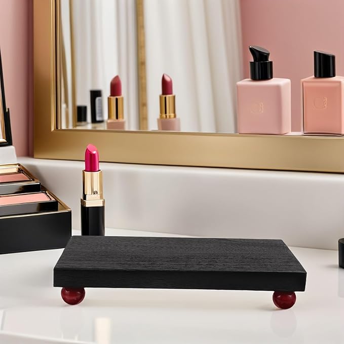 Ipetboom Wooden Desk Organizer Tray for Makeup and Perfume – Medium Black Rectangular Solid Wood Vanity Storage Tray for Cosmetics and Jewelry, Decorative Beauty Display for Bathroom