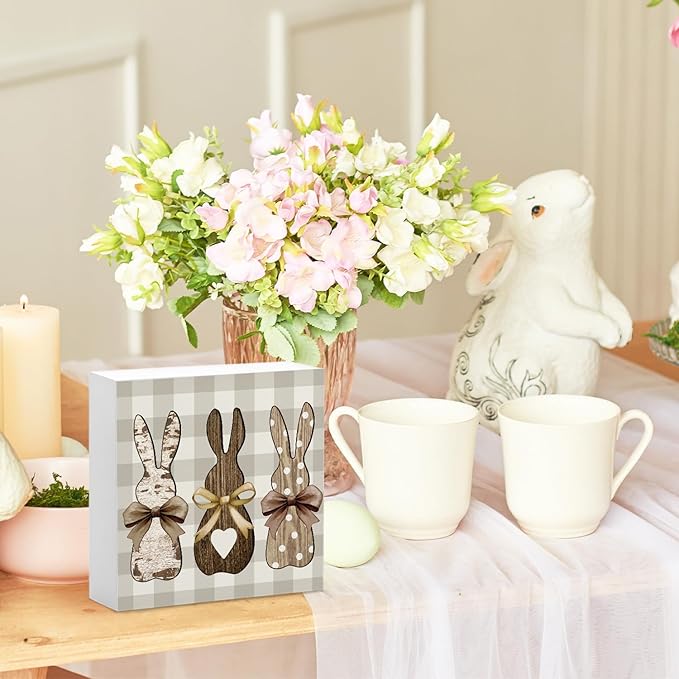 Easter Decor, Rabbit Wooden Box Sign, Rustic Easter Tiered Tray Decorations, Farmhouse Bunny Rabbit Decorative Table Centerpiece Sign for Party Home Kitchen Dining Table Decor 5x5
