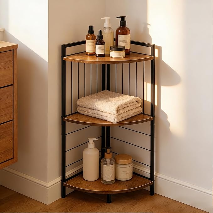 Corner Shelf Stand 3 Tier Small Bookshelf Display Storage Unit with Metal Frame for Bathroom Bedroom Kitchen Living Room Home Office, Rustic Brown and Black