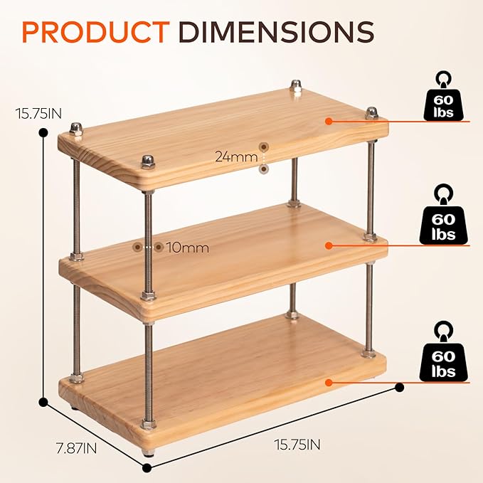 Ultra-Thick 24mm Solid Wood Coffee Station Organizer&Spice Rack for Kitchen Countertop, Corner Industrial 3-Tier Adjustable Shelf with 10mm 304 Thread Rods for Heavy Espresso Gear, Natural