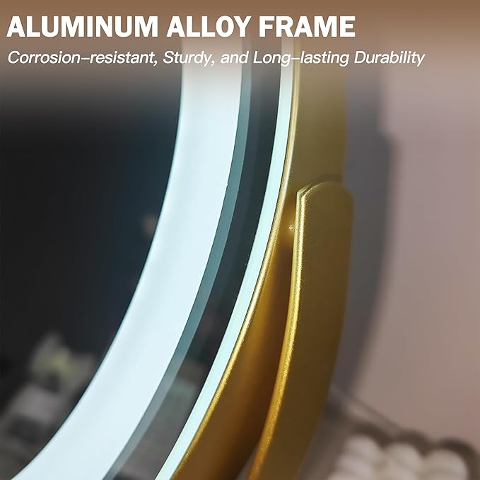 ROLOVE Aesthetic Gold Vanity Mirror with Soft Lights, 12 Inch Standard 1X View, 3-Color Dimmable Tabletop Mirror for Bedroom Decor, 360° Rotation Ambient Light up Mirror