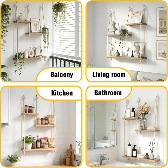Hanging Shelves for Wall 3 Tier Macrame Rope Floating Shelves with Vine Lights Boho Wall Mounted Decor Wood Organizer Storage Rack for Bedroom, Bathroom, Kitchen