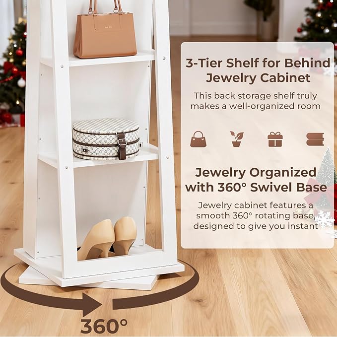 4-In-1 Jewelry Armoire with Full-Length Mirror, 360° Swivel Lockable Jewelry Cabinet Standing with 3 Storage Shelves & Vanity Mirror, Jewelry Organizer with Storage for Gift Idea, White