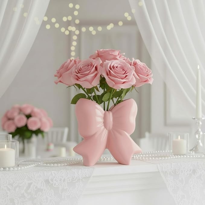 Jingmore Pink Bow Vase Coquette Ceramic Vase for Wedding Pen Holder Makeup Brush Holder Contemporary Design Decorative Women Gift for Home Office Shelf Table Room(Large, Classic)