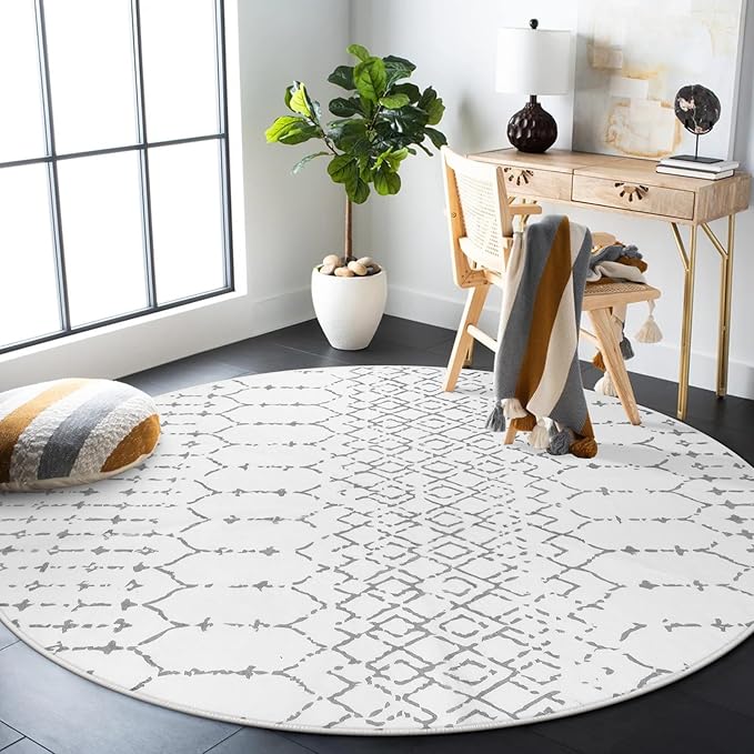 Lahome Moroccan Circle Rug 6Ft Washable Large Round Area Rugs for Living Room Non-Slip Low-Pile Dining Room Rugs for Under Table, Modern Geometric Print White Circular Rug for Bedroom Nursery Hana