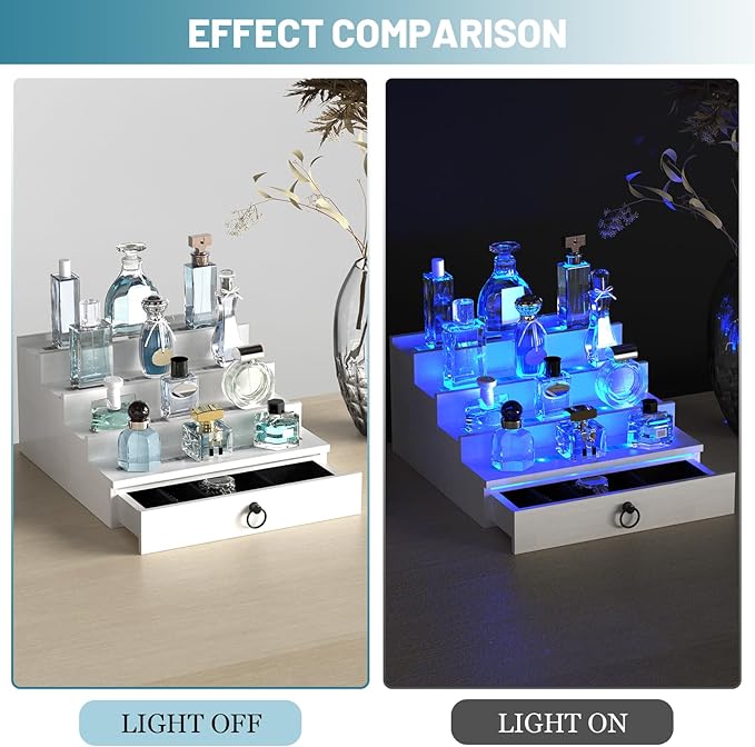 LED Lighted Cologne Organizer for Men, 4 Tier Wood Perfume Organizer with Velvet Lined Drawer, Multi Lighting Modes Perfume Display Holder with Remote Control, Cologne Shelf Stand, Nice Gift for Men