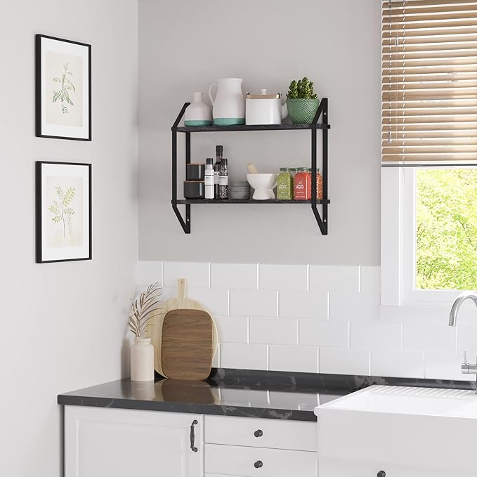 Wallniture Ponza 24" Rustic Floating Shelves for Wall, 2-Tier Wall Bookshelf for Living Room, Kitchen, Bathroom, Bedroom and Office Decor, Wood