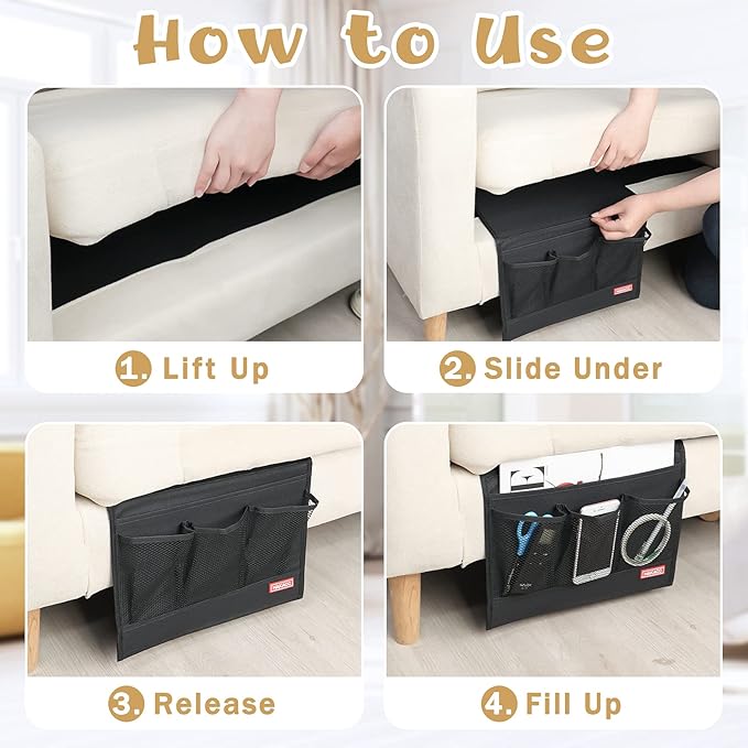HAKACC Bedside Caddy, Remote Holder for Bed, Storage Organizer with Pockets for Bed, Sofa, Phones, Magazines, Tablets and Accessories, Black