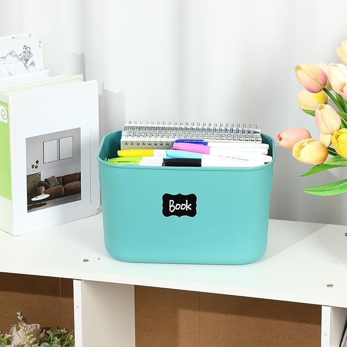 Tanlade 8 Pcs Plastic Storage Bins Stackable Baskets with Lid and Handle Colorful Desktop Storage Box Cubby Containers for Shelf Bedroom Office, Include 1 Erasable Marker, 16 Stickers (10 x 7 x 6 In)